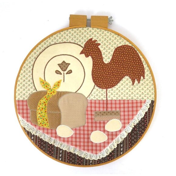 Vintage 1980s Kitchen Hoop Art Hanging Handmade Fabric Rooster Picture - Picture 5 of 6